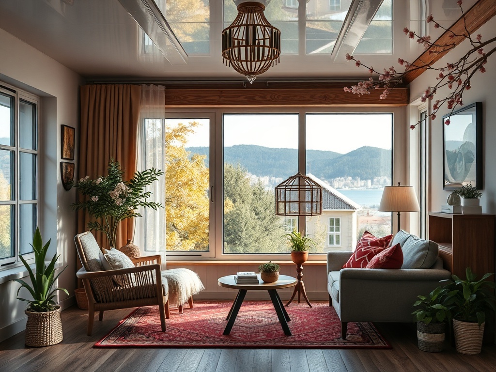 Современная гостиная с уютной мебелью, большими окнами и видом на природу. Тёплая атмосфера и зелень.