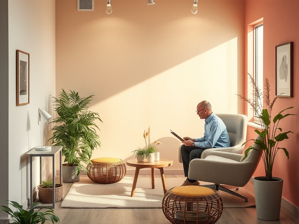 В уютном помещении сидит мужчина, читающий книгу, окруженный растениями и мягким светом.