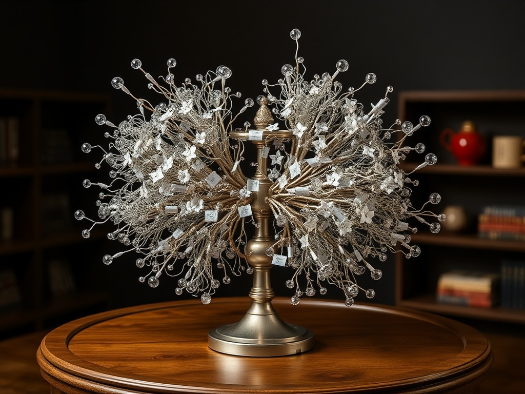 Элегантная металлическая композиция с прозрачными деталями на столе в уютной обстановке библиотеки.