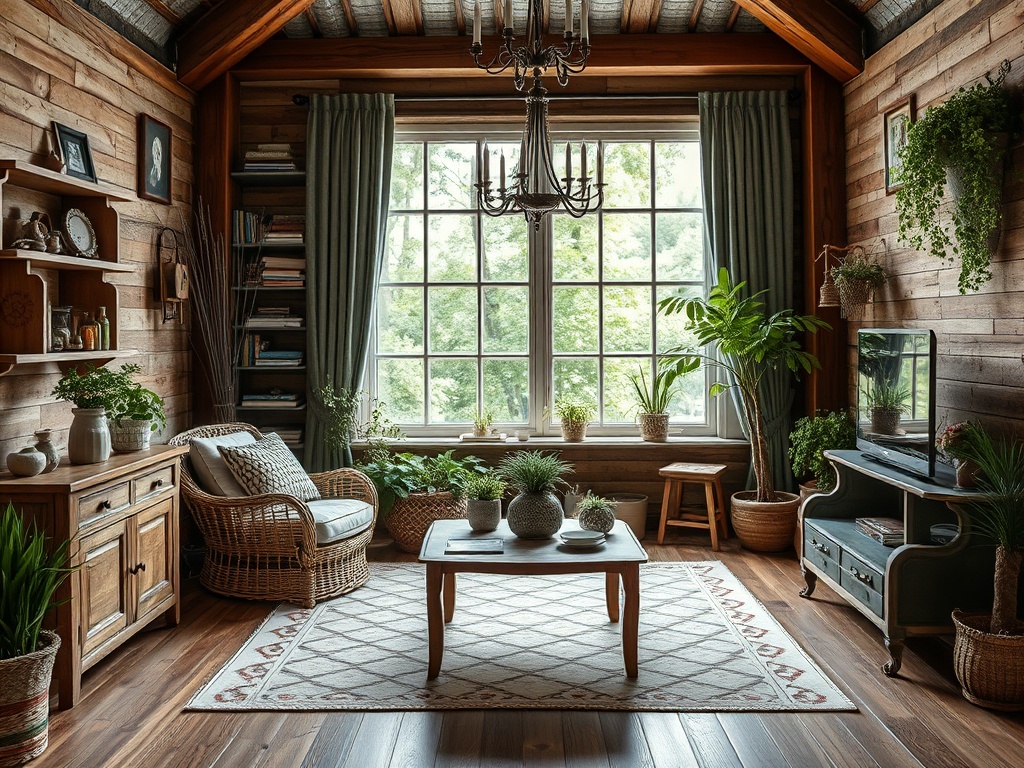 Уютная комната с деревянными стенами, растениями и мягкой мебелью у окна. Светло и природно.