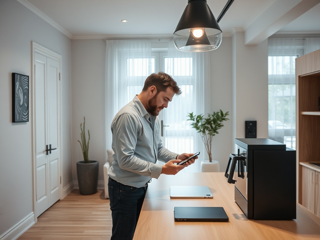 Мужчина с телефоном стоит на кухне, рядом с кофемашиной и ноутбуками. Пространство современное и светлое.