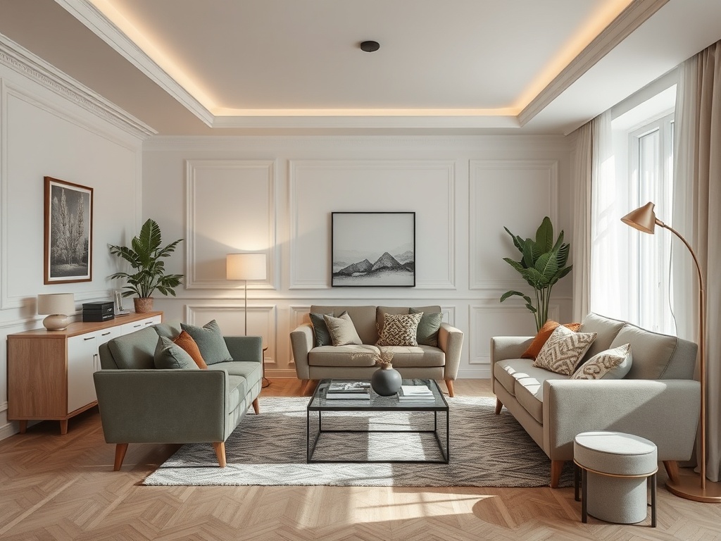 Современная гостиная с зелеными диванами, стильными картинами и мягким освещением. Пространство наполнено уютом.